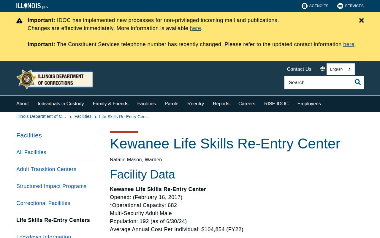 Official IDOC Kewanee Life Skills Re-Entry Center facility page