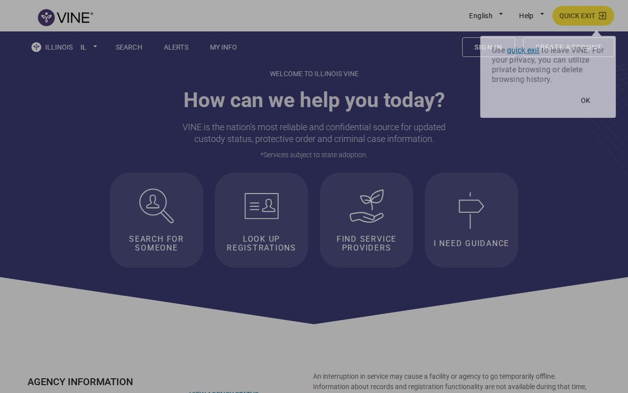 Illinois VINELink person search screen